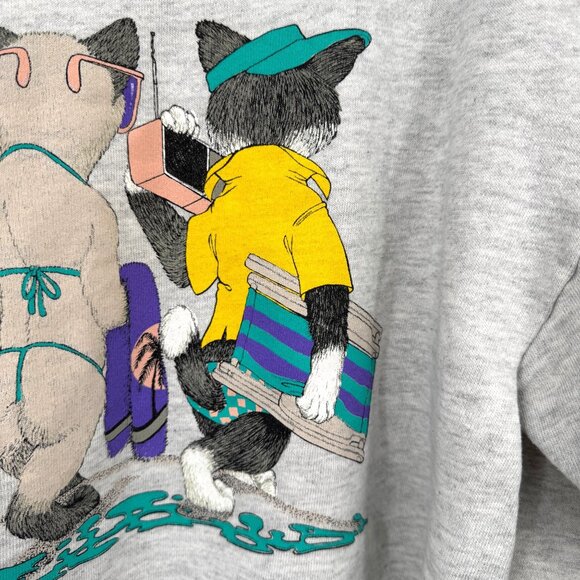 Vintage '90s Cute Cat Kitten Sweatshirt size large cats beach pool sunglasses *r - Picture 10 of 15